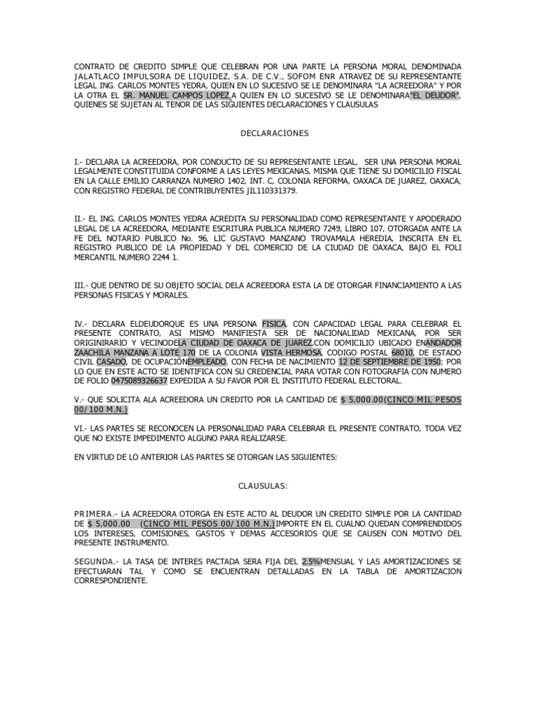 contrato de prestamo de dinero con garantia personal en bolivia