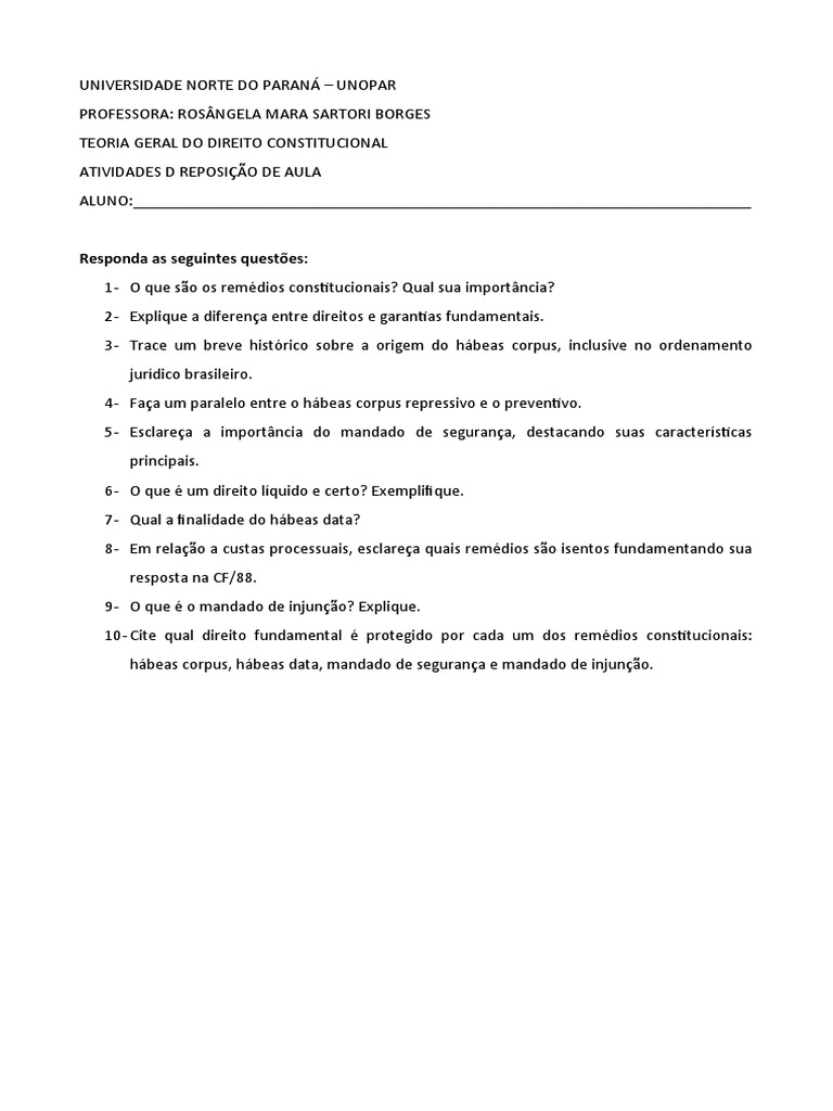 Questões sobre Remédios Constitucionais | PDF