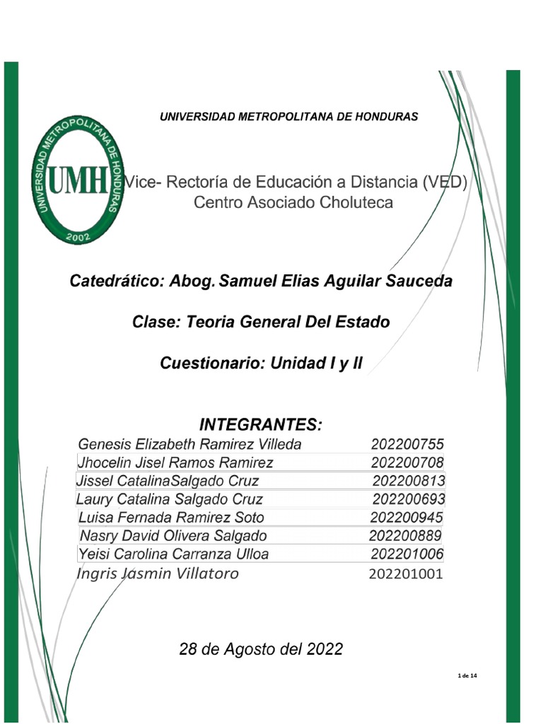 Cuestionario Unidad I Y Ii 20 Teoria General Del Estado Pdf Estado