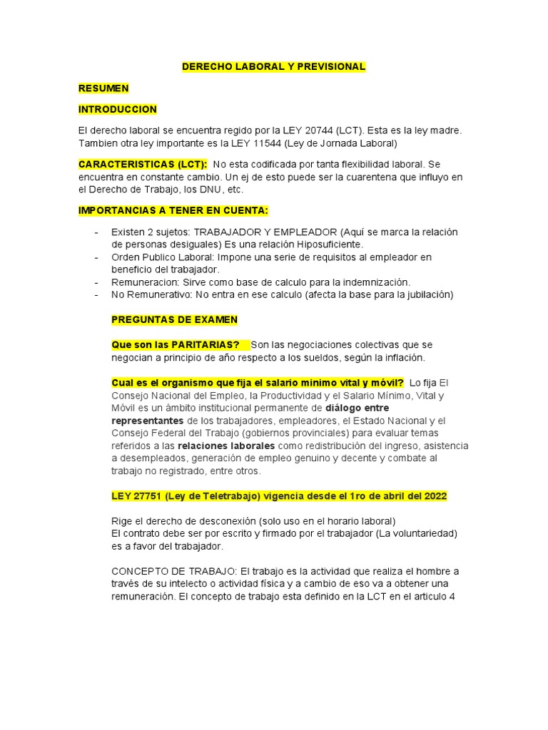 Resumen DERECHO LABORAL Y PREVISIONAL | PDF | Salario | Derecho laboral