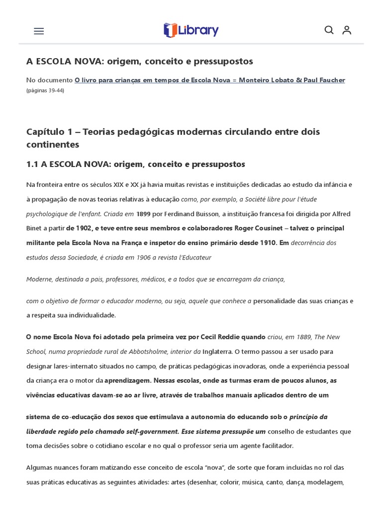 A ESCOLA NOVA - Origem, Conceito e Pressupostos | PDF | Pedagogia | Escolas