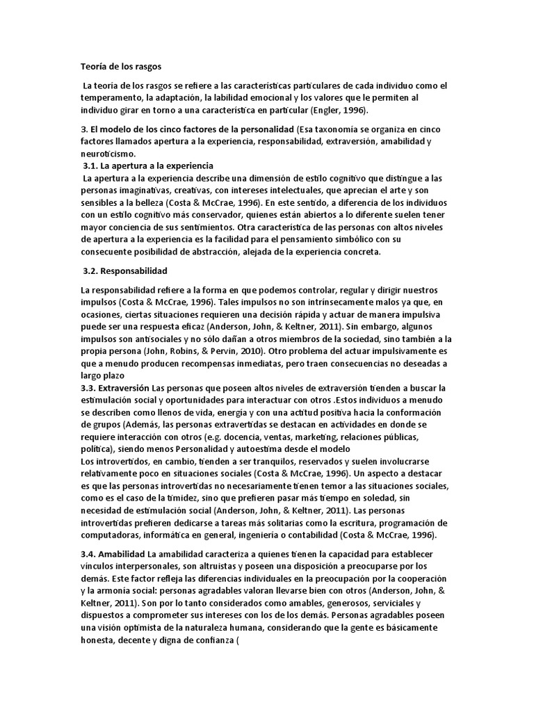 Teoría de los Rasgos de Personalidad | PDF | Experiencia | Sicología