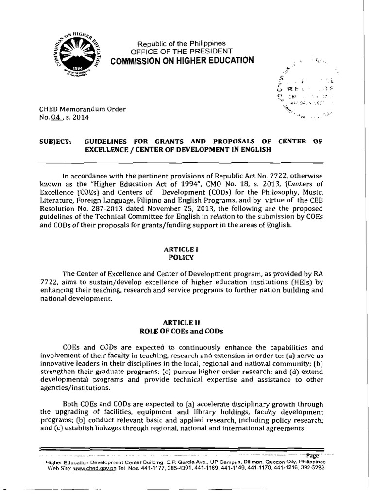 CMO No. 04 S. 2014 Guidelines For Grants and Proposals of Center of ...