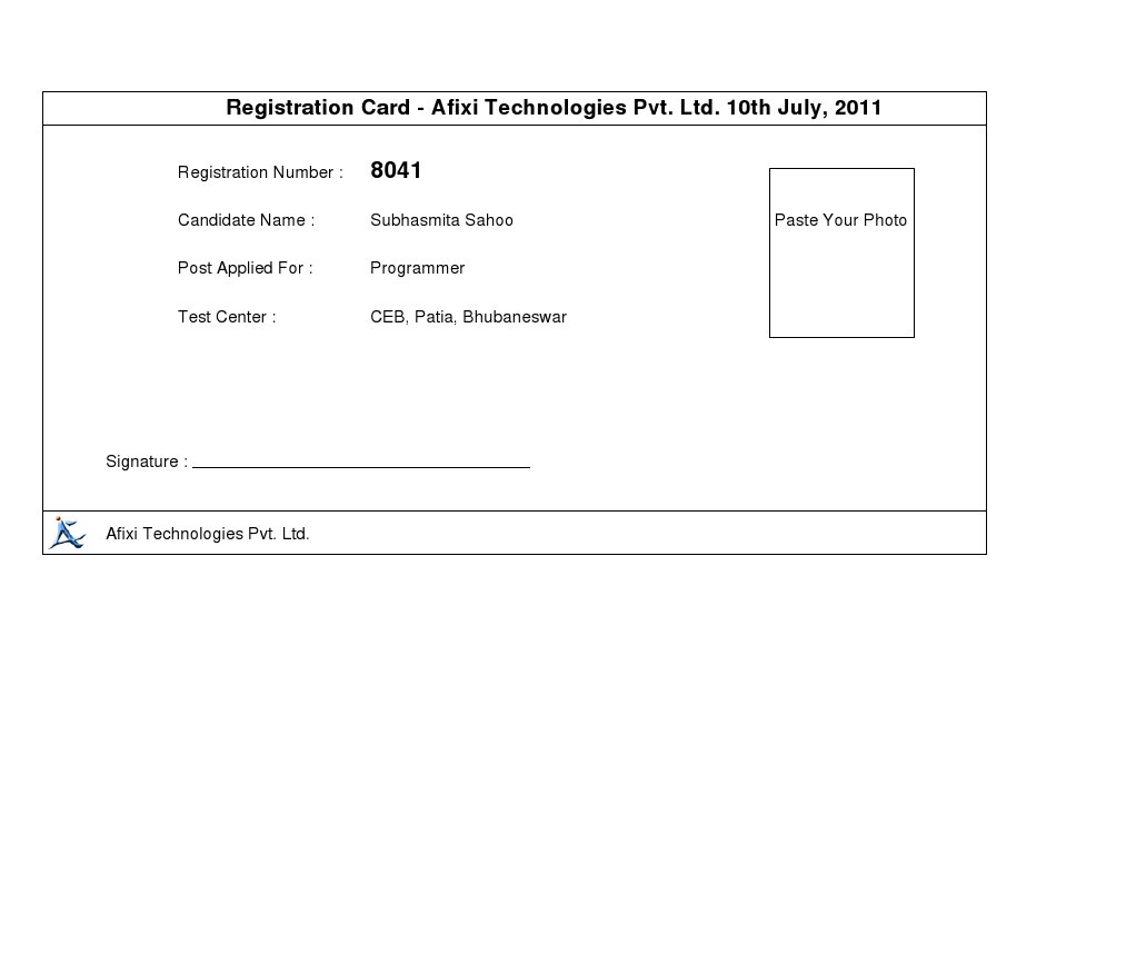 Registration Card - Afixi Technologies Pvt. Ltd. 10th July, 2011 | PDF