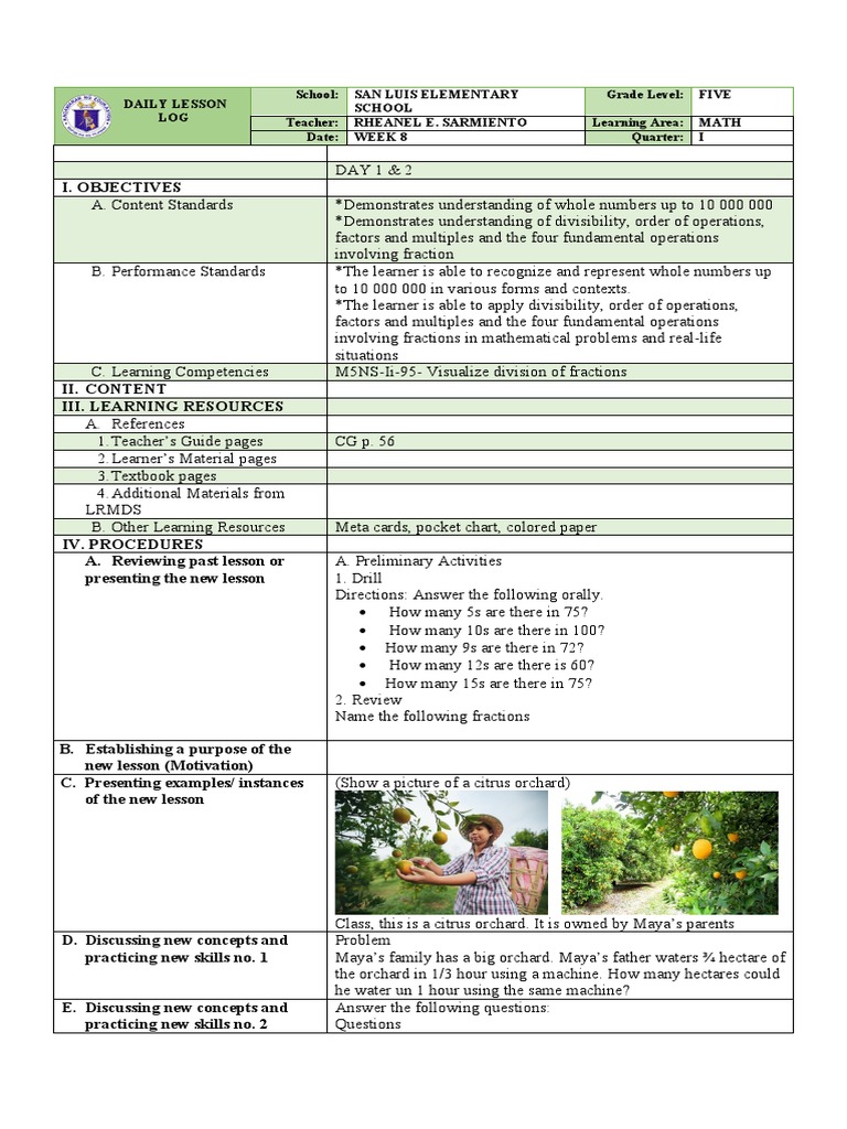 Grade 5 Math Daily Lesson Log | PDF | Learning | Division (Mathematics)
