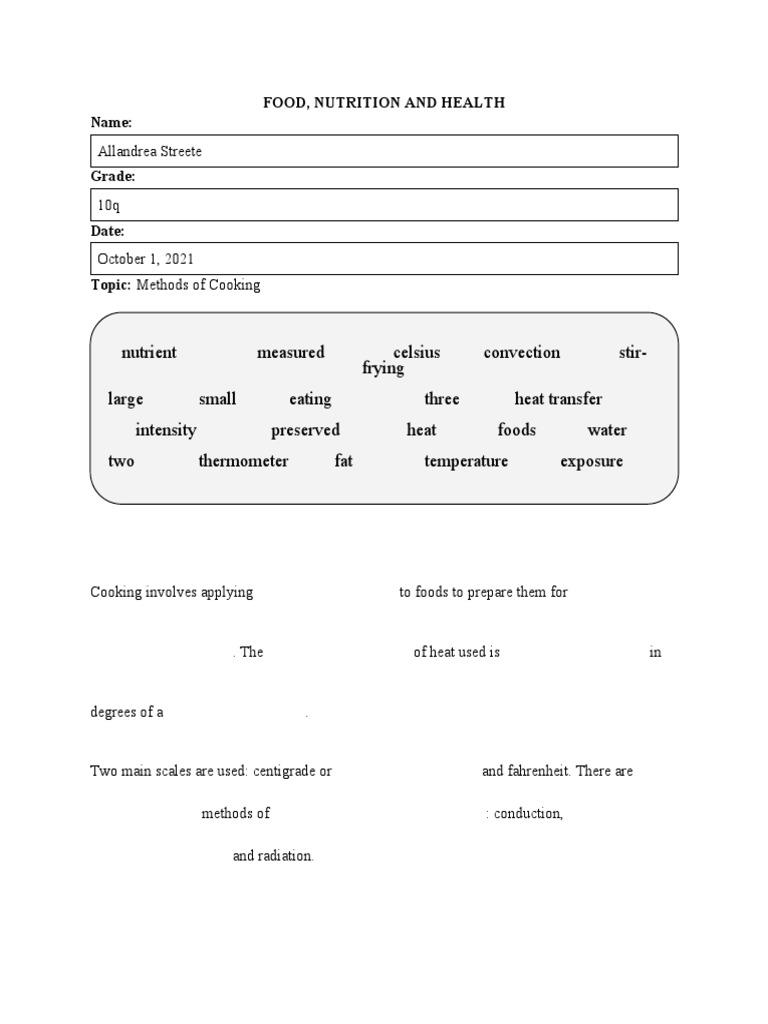 Methods of Cooking Fill in The Blank Question | PDF