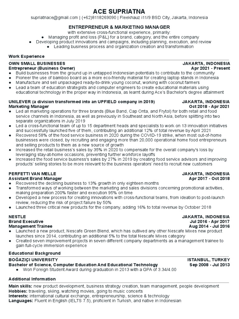 Ace Supriatna CV For Mayora | PDF | Indonesia | Business