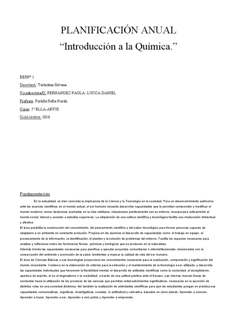 Planificacion anual int a la quimica 5 pdf qu mica aprendizaje