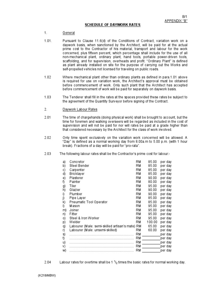 Appendix B (Daywork Rate For Contractor) | PDF | Architect | Truck
