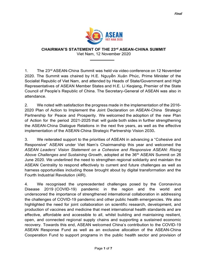 47 Final Chairmans Statement of The 23rd ASEAN China Summit | PDF ...