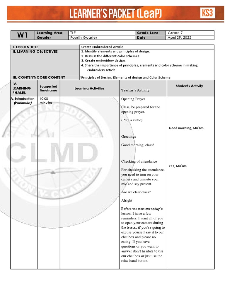 Lesson Plan in Creating Embroidered Article (Handicrafts) PDF Color