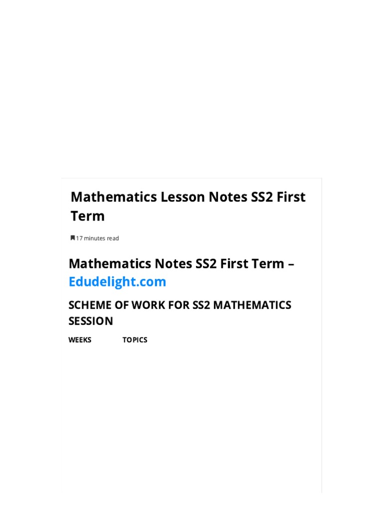 Mathematics Lesson Notes for SS2 First Term: An Overview of Key ...