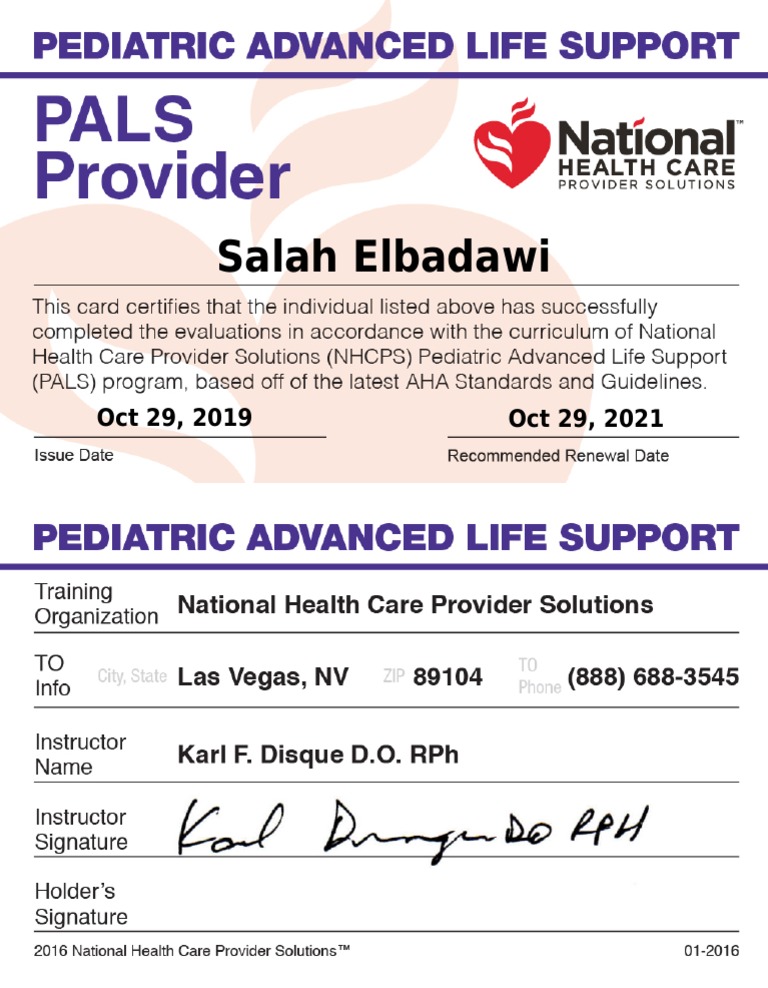 Pals Pediatric Advanced Life Support Certification Course Id Card PDF