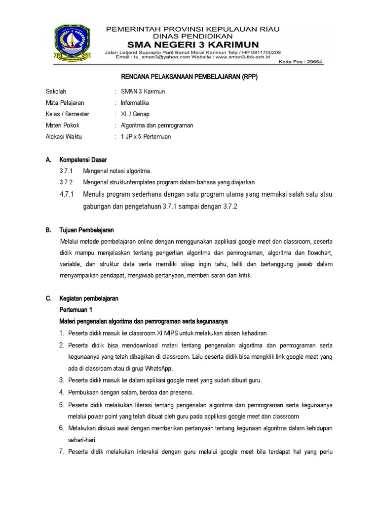 RPP Informatika: Algoritma & Hak Cipta | PDF | Karier & Perkembangan ...