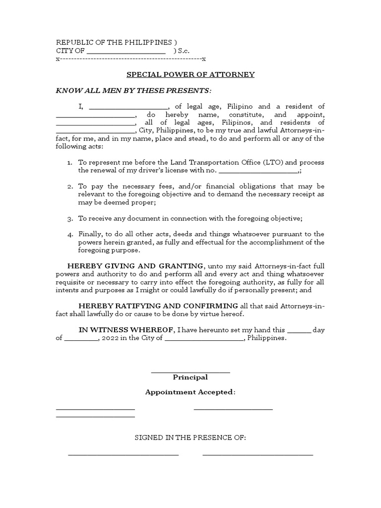 Special Power of Attorney Lto PDF Power Of Attorney Justice