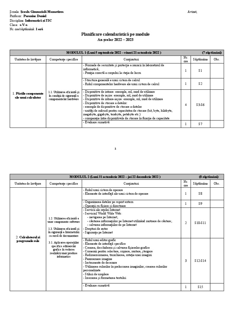 Planificare Pe Module Clasa A V A Informatica | PDF