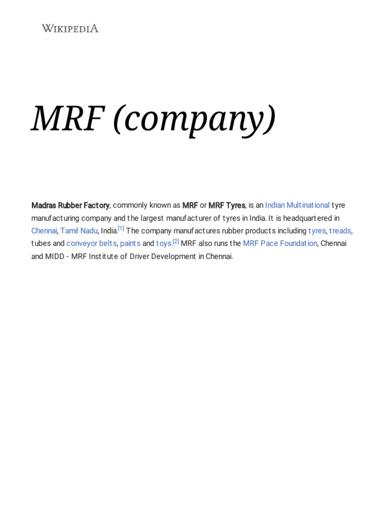 MRF (Company) - Wikipedia | PDF | Economy Of India