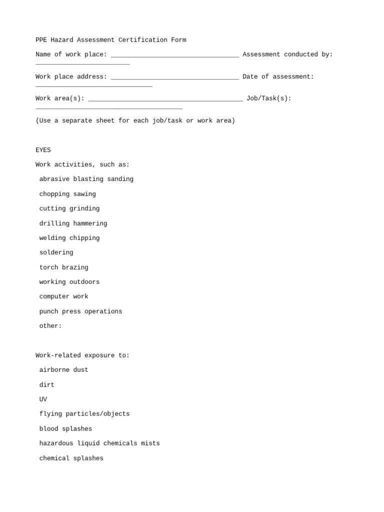 PPE Hazard Assessment Certification Form A Comprehensive Workplace