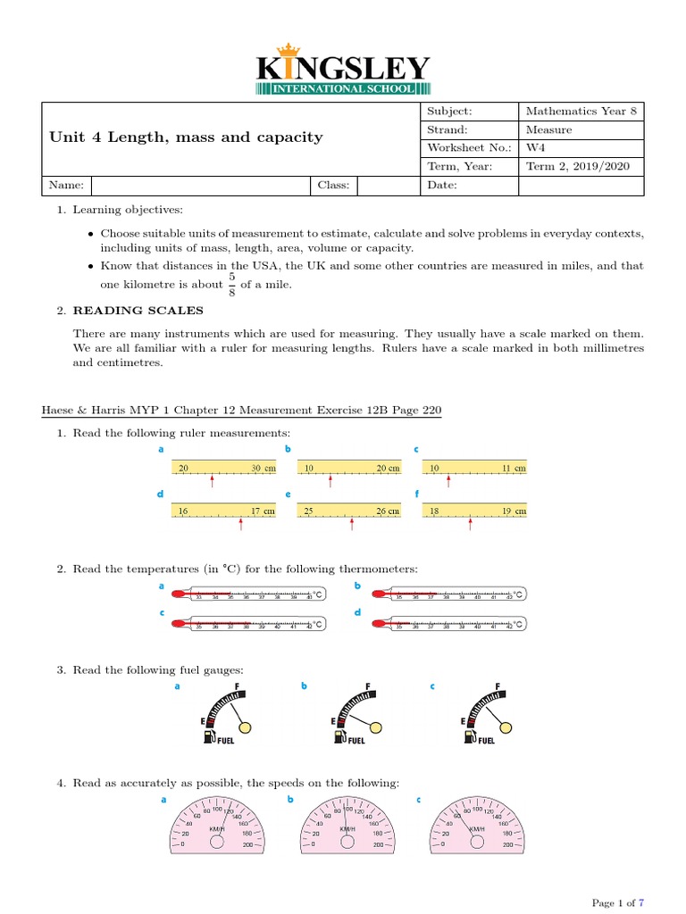 1920 Unit 4 Length, Mass and Capacity (Worksheet) PDF Measurement