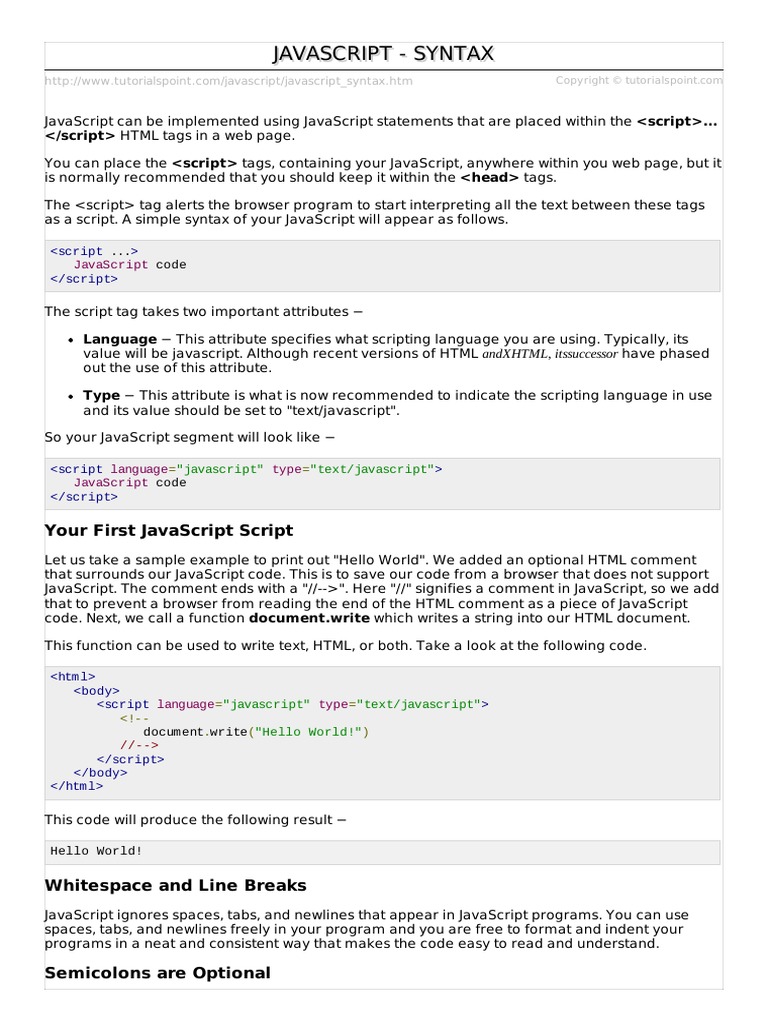 Javascript Syntax | PDF | Java Script | Html