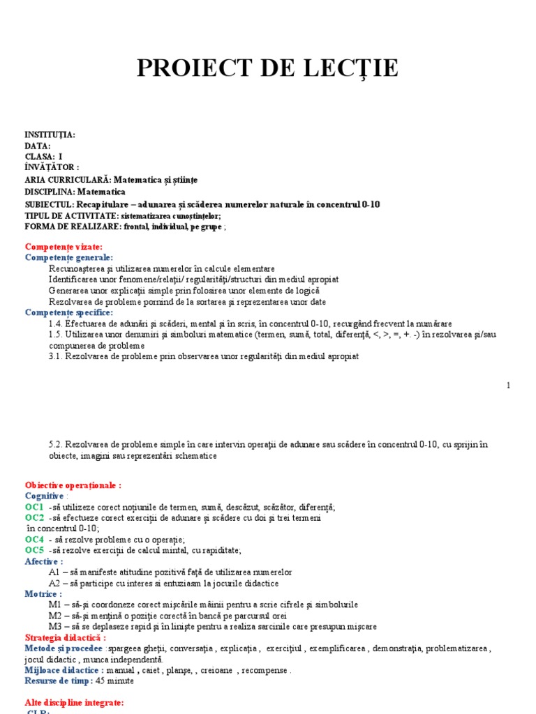 Proiect Didactic Matematica Cls I Adunarea Si Scaderea Numerelor ...