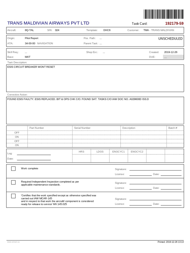 Trans Maldivian Airways PVT LTD: Task Card | PDF | Aviation