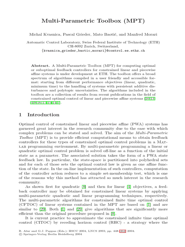 Kvasnica Et Al 2004 MultiParametric Toolbox (MPT) Download Free
