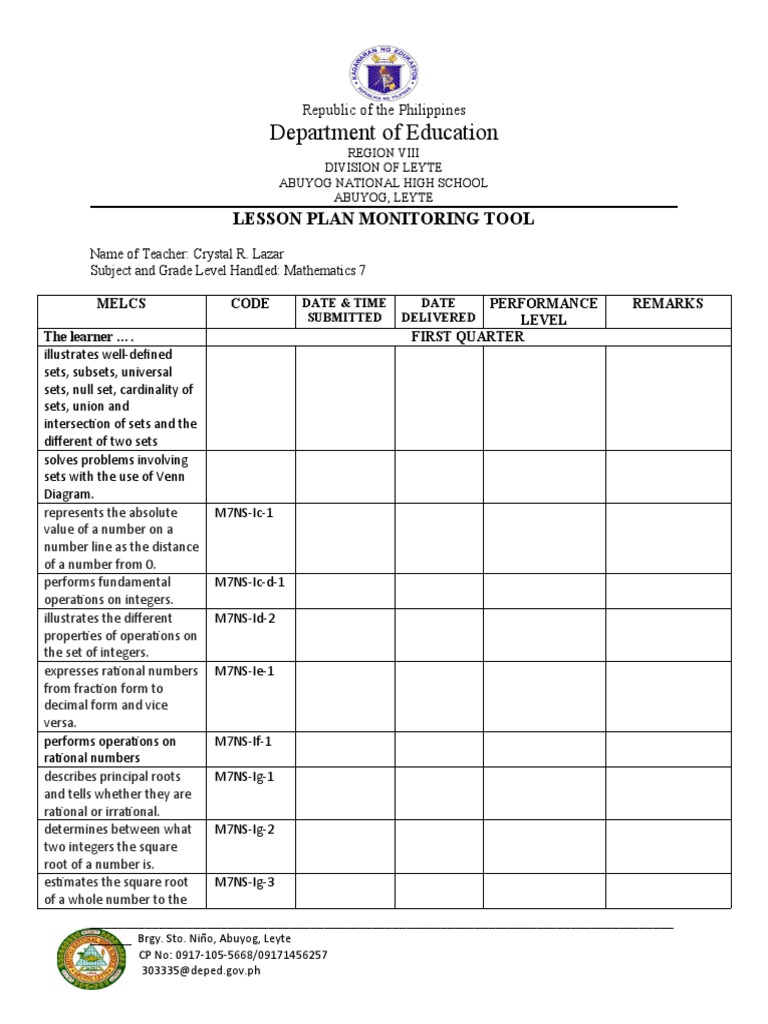 Lesson Plan Monitoring Tool PDF Polynomial Numbers