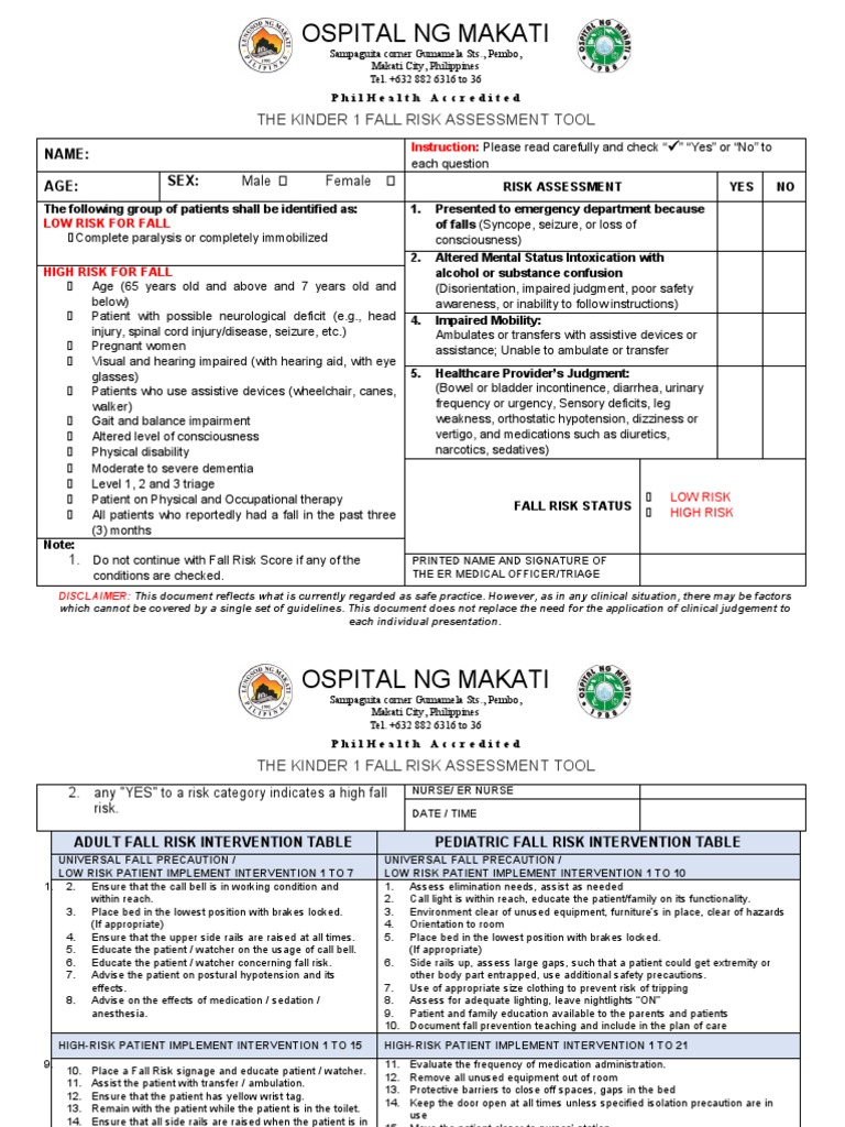 Kinder 1 Fall Risk Assessment Tool | PDF | Risk | Nursing