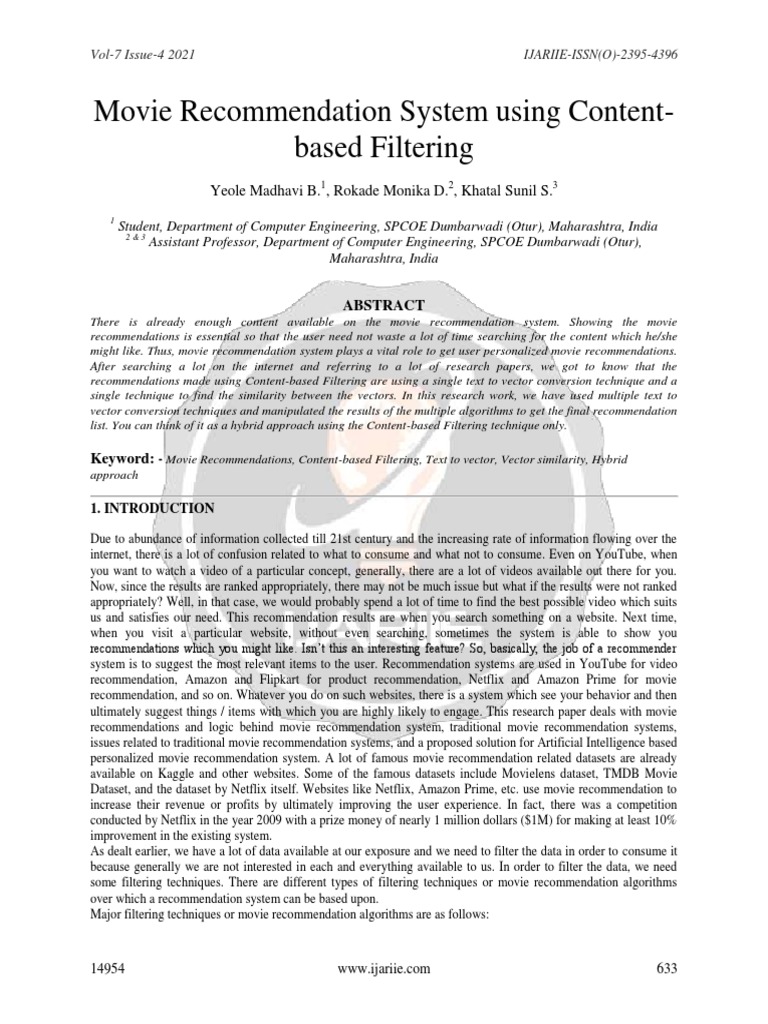 Movie Recommendation System Using Content Based Filtering Ijariie14954