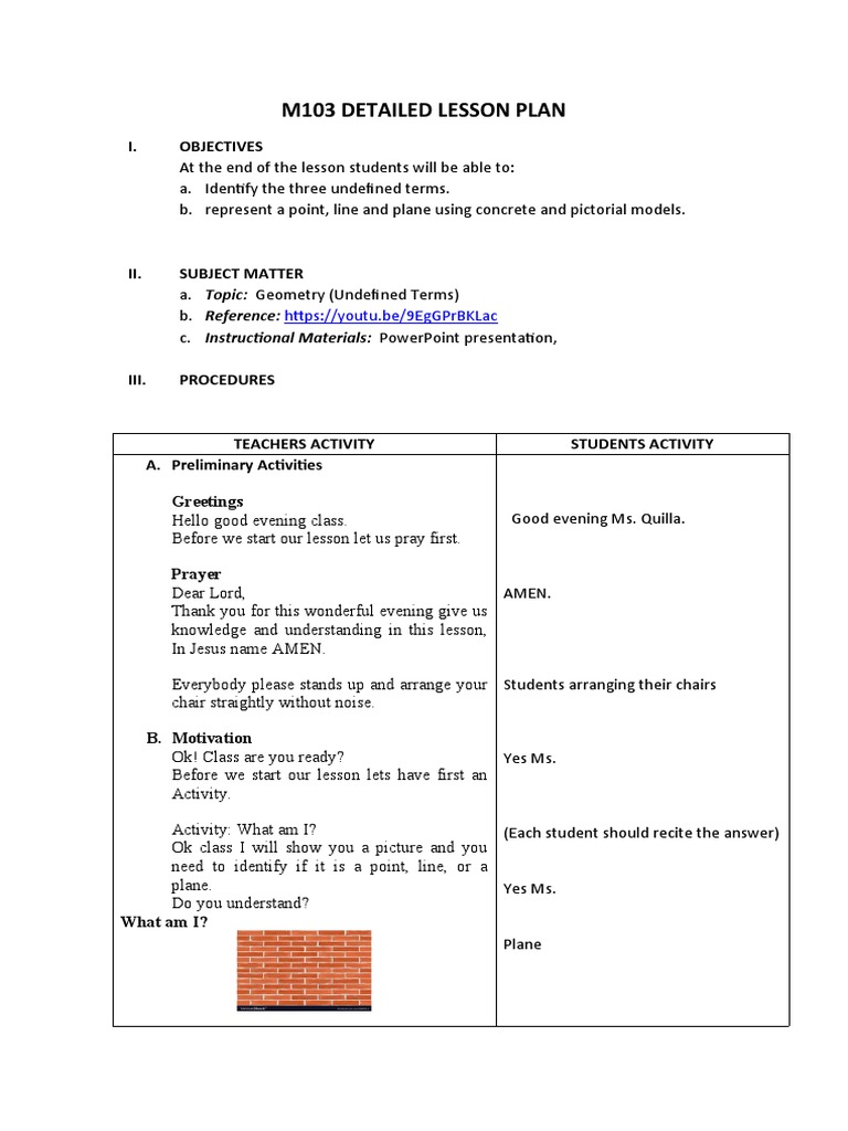 M103 Detailed Lesson Plan Undefined Terms Pdf Infinity Plane