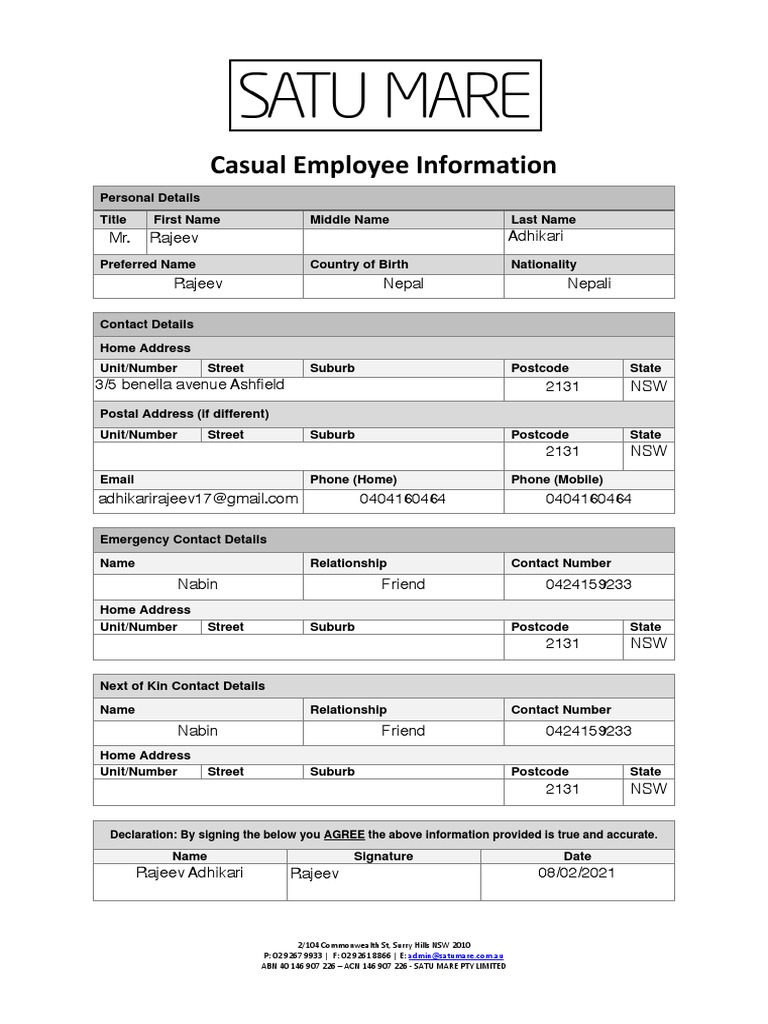2020 SATU MARE Casual Employee Agreement Fillable PDF PDF Confidentiality Employment