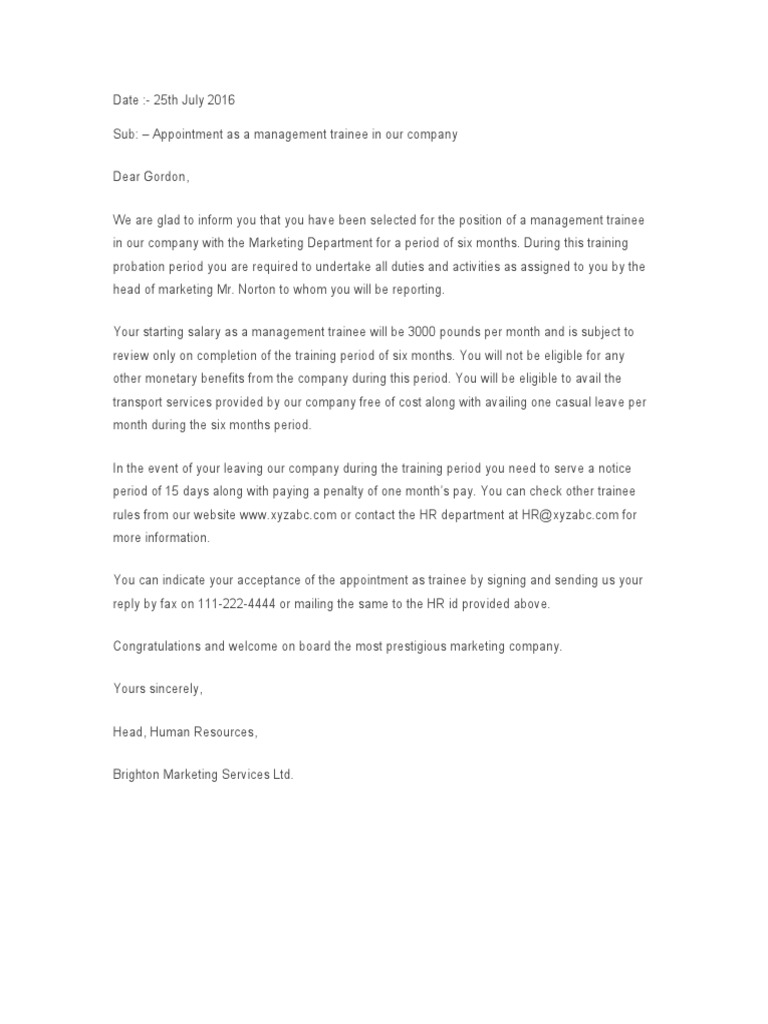 Management Trainee Appointment Letter Template | PDF