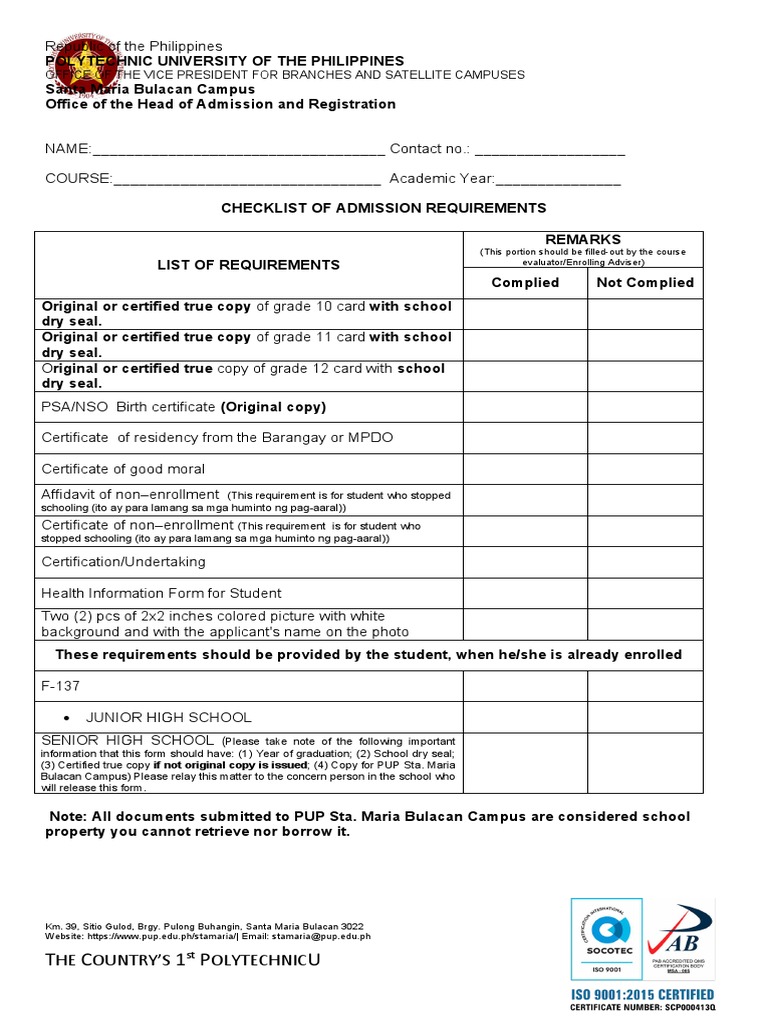 PUP Sta. Maria Admission Requirements Checklist | PDF | Educational Stages