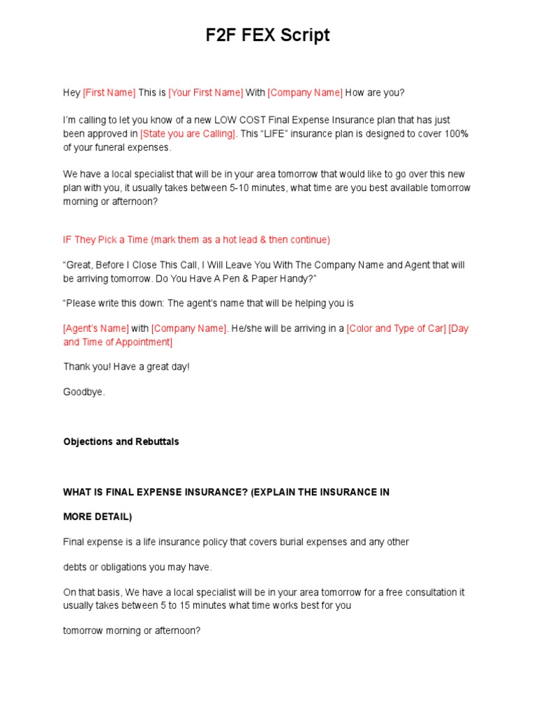 6 Face To Face Script For Final Expense Script PDF Insurance