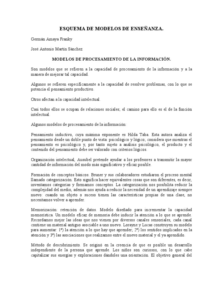 Modelos de Enseñanza y Procesamiento Cognitivo | PDF | Creatividad ...