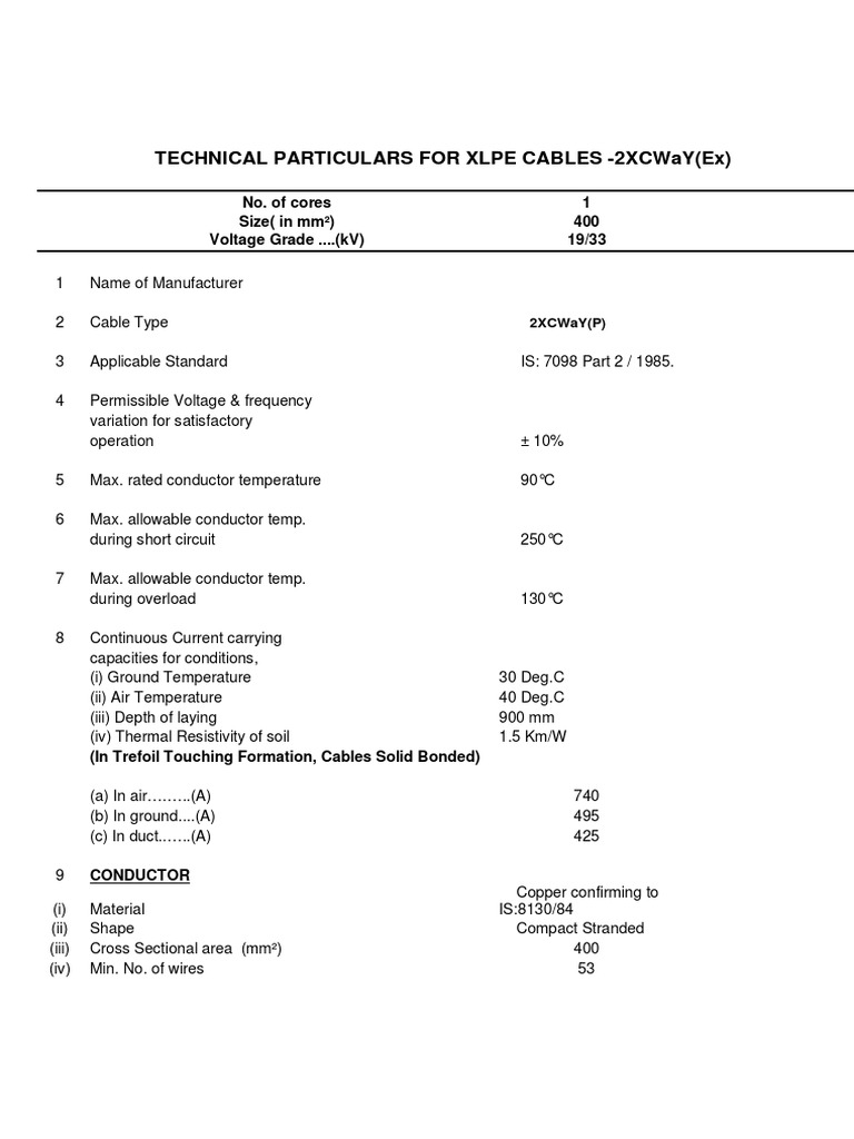 XLPE Cable Specs for Engineers | PDF | Electrical Conductor | Insulator ...