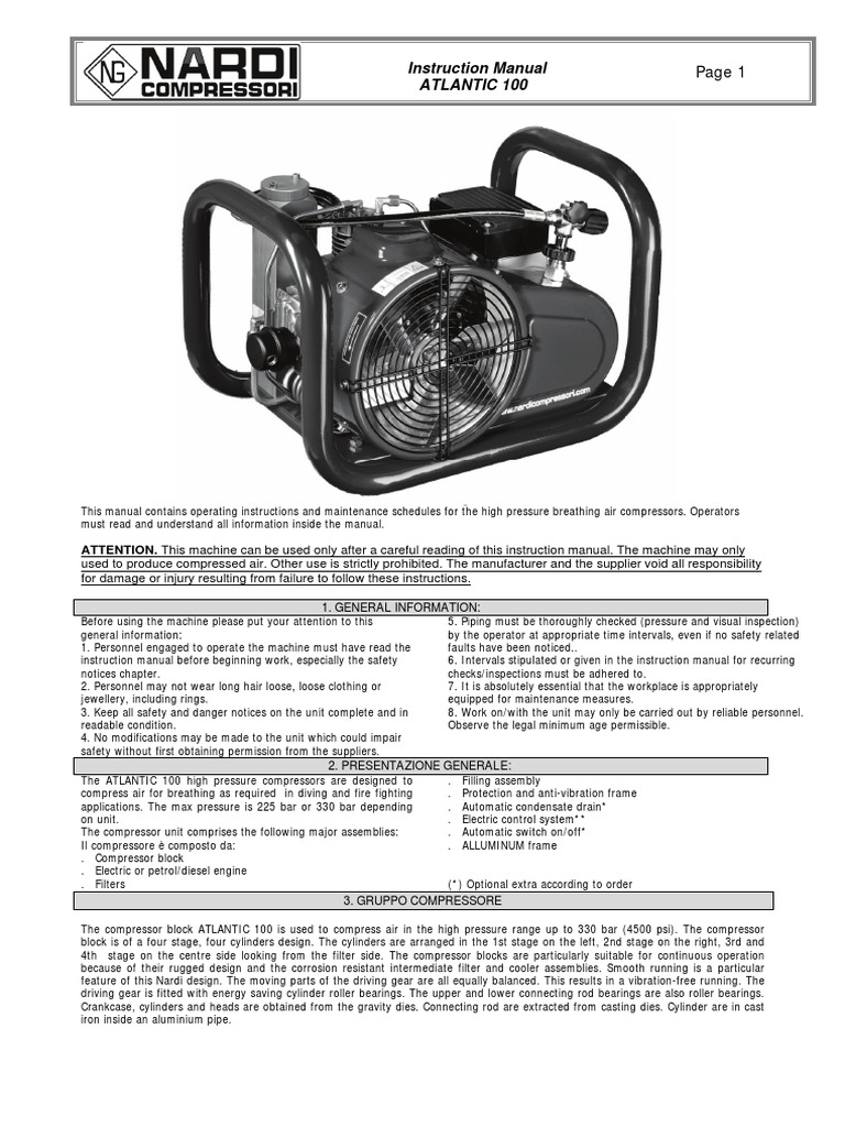 Nardi Usa Atlantic Air Compressor Owners Manual PDF Valve Pipe