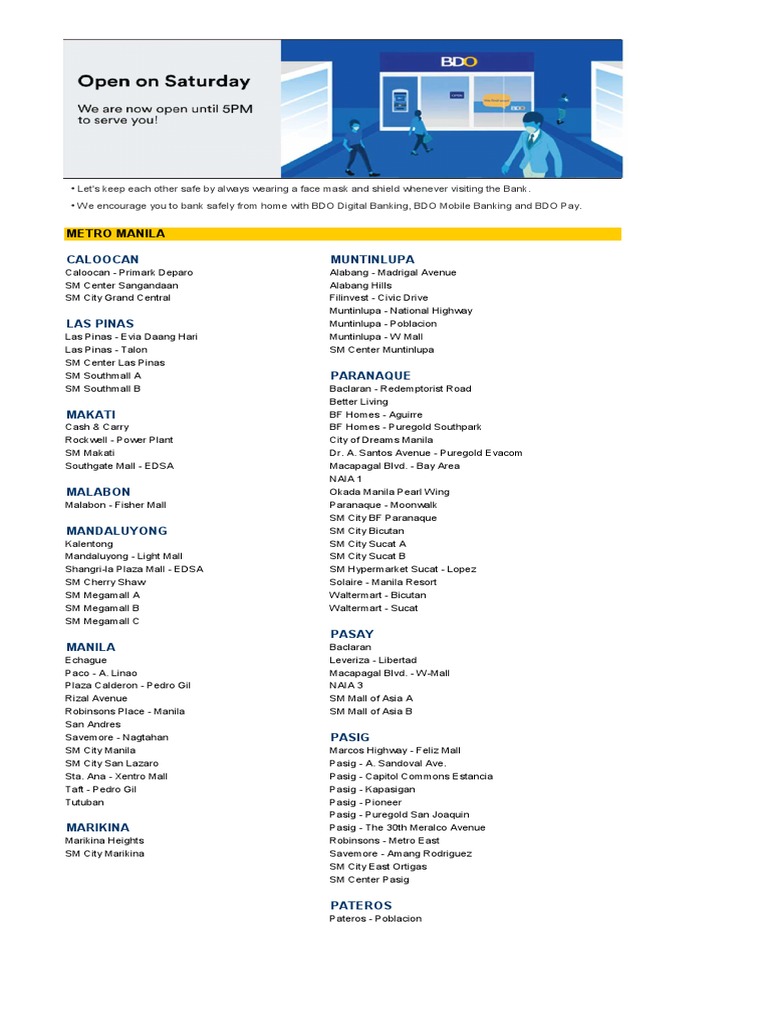 Branch List Saturday Banking As of October29 | PDF | Metro Manila |  Retailing
