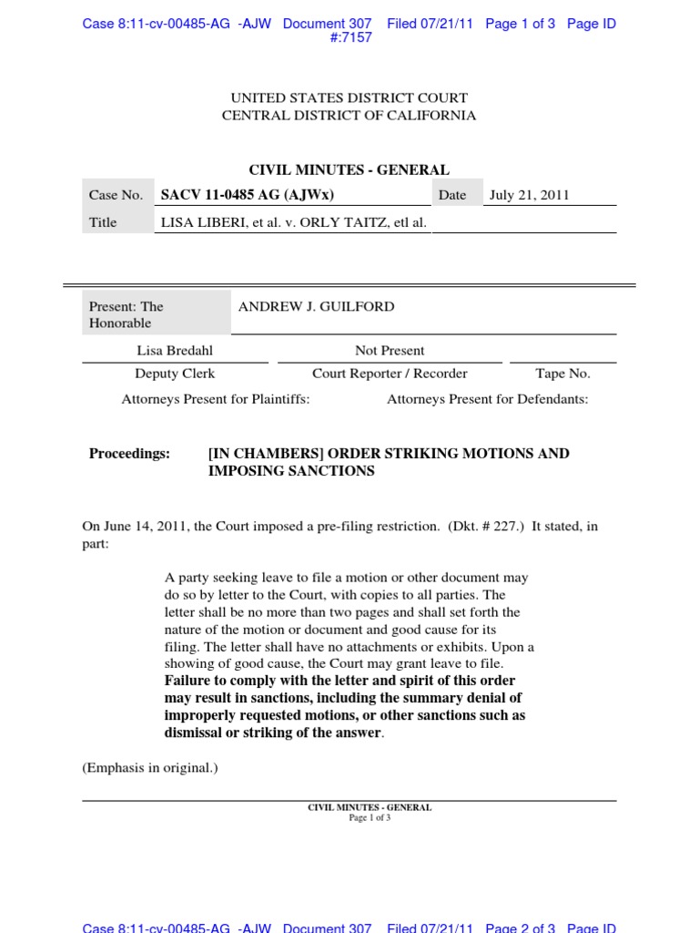 LIBERI V TAITZ (C.D. CA) - 307 - MINUTES (IN CHAMBERS) : ORDER by Judge ...