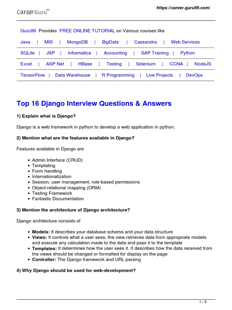 Top 16 Django Interview Questions PDF Databases World Wide 