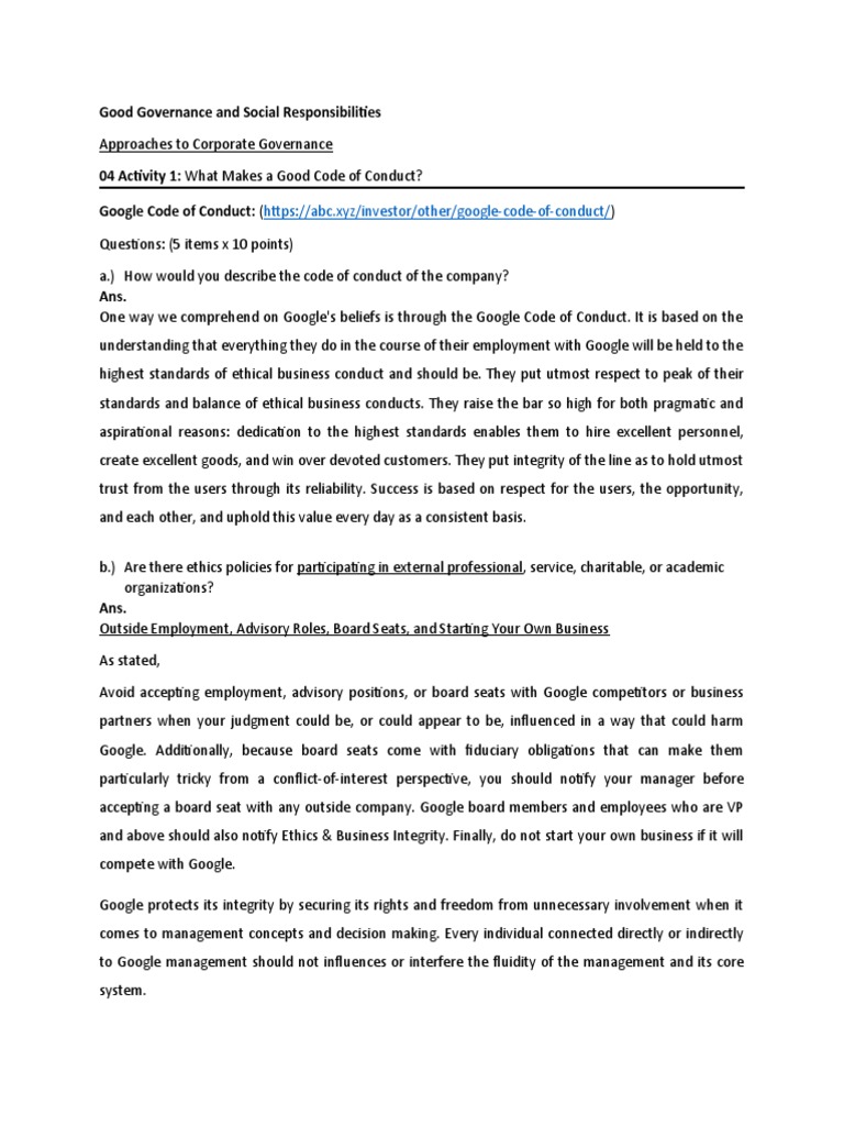 GGSR - 04 Activity 1 - What Makes A Good Code of Conduct | PDF ...