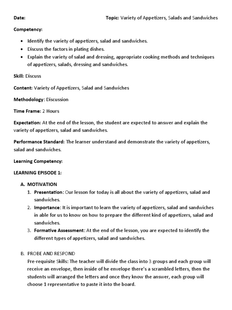 Aparte Lesson Plan | PDF | Hors D'oeuvre | Salad