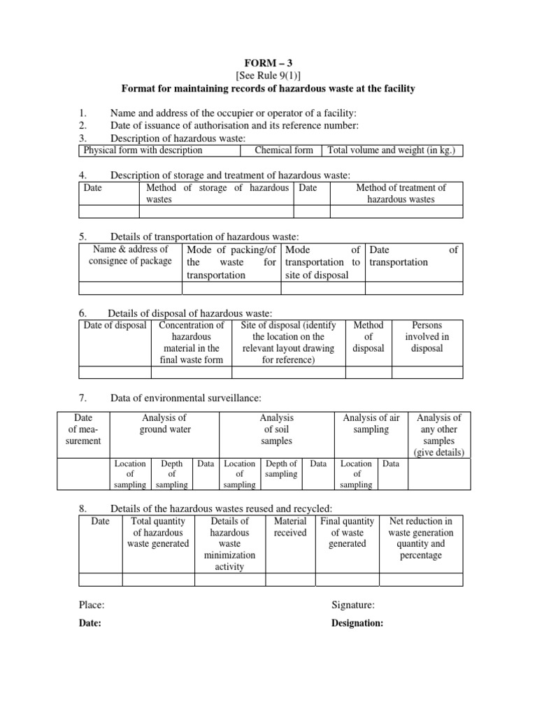 FORM 3 For Maintaining Records of Hazardous Waste at Facility PDF