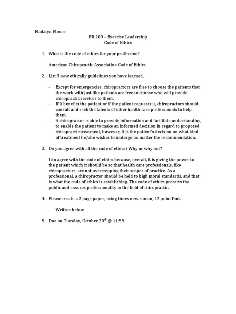 Er 200 Code of Ethics 1 | PDF | Chiropractic | Health Care