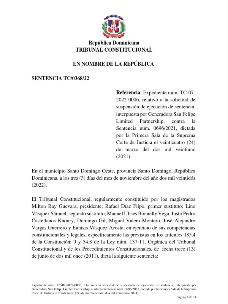 Sentencia Tc036822Relativo A La Solicitud de Suspensión de Ejecucióndesentencia, Interpuesta