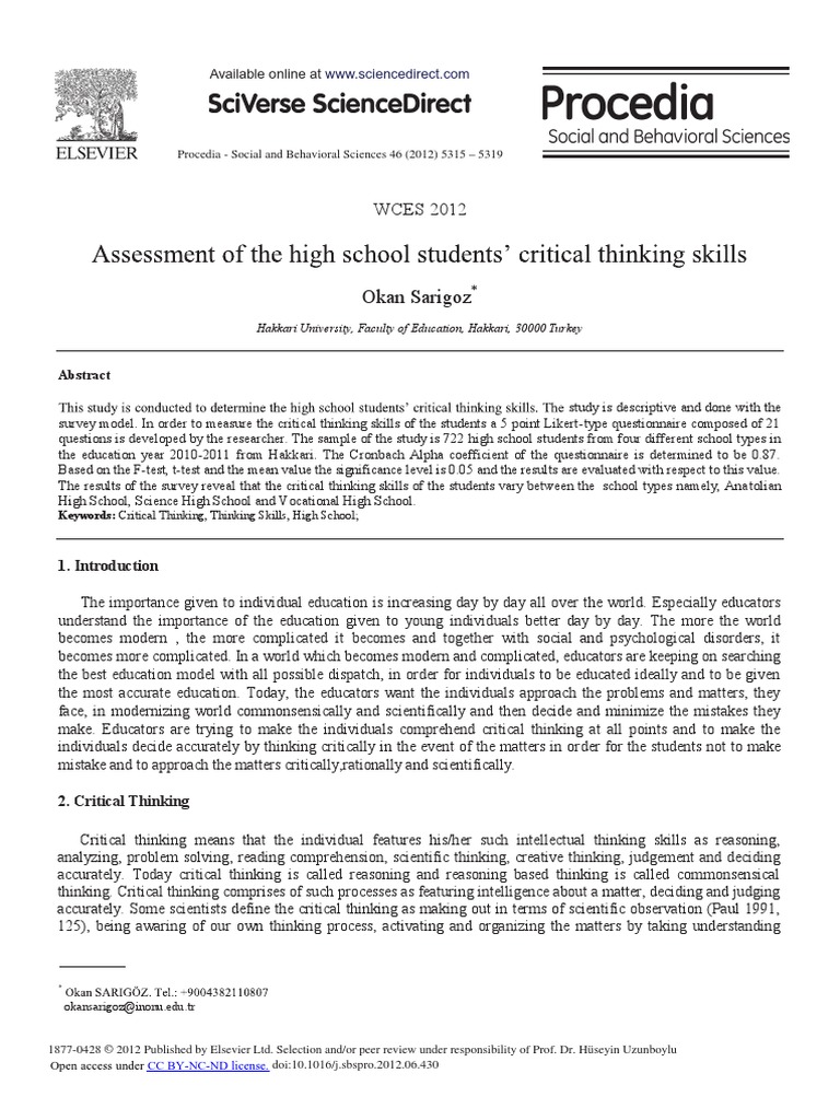 Assessment of The High School Students Critical T | PDF