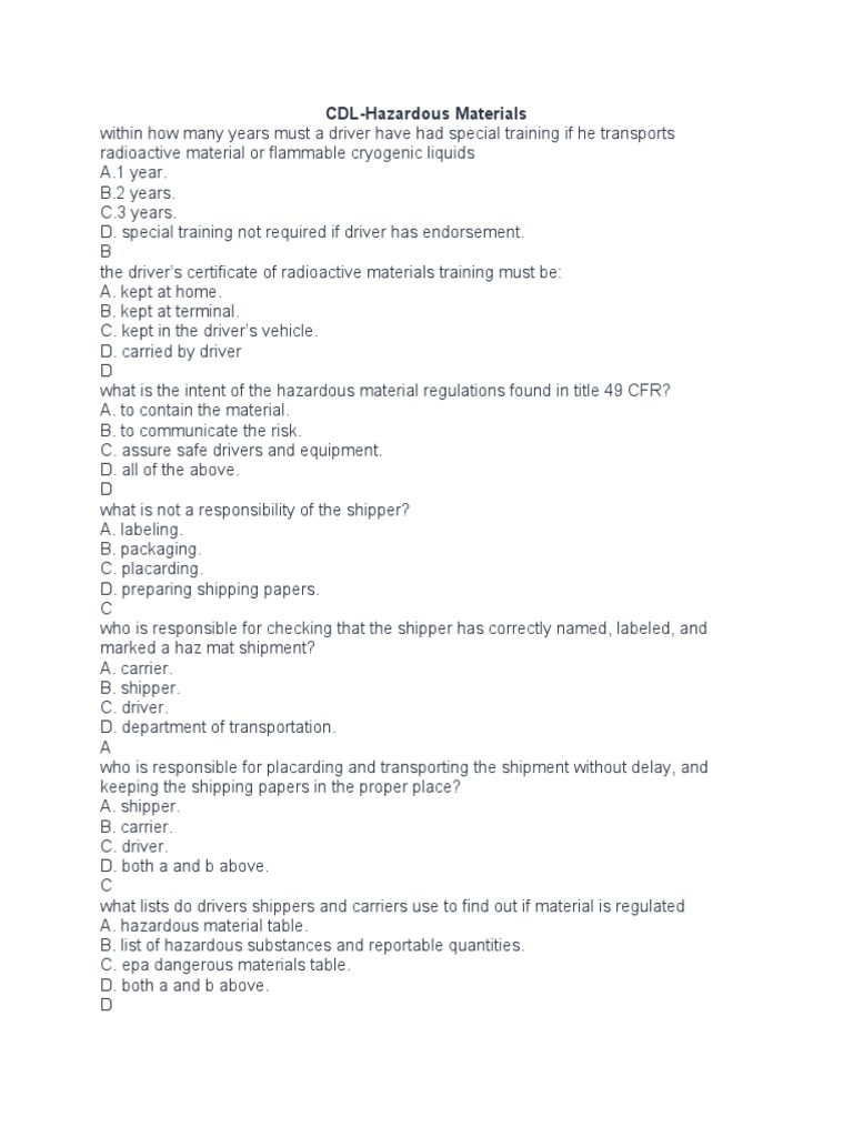 CDL Hazardous Materials PDF Dangerous Goods Safety