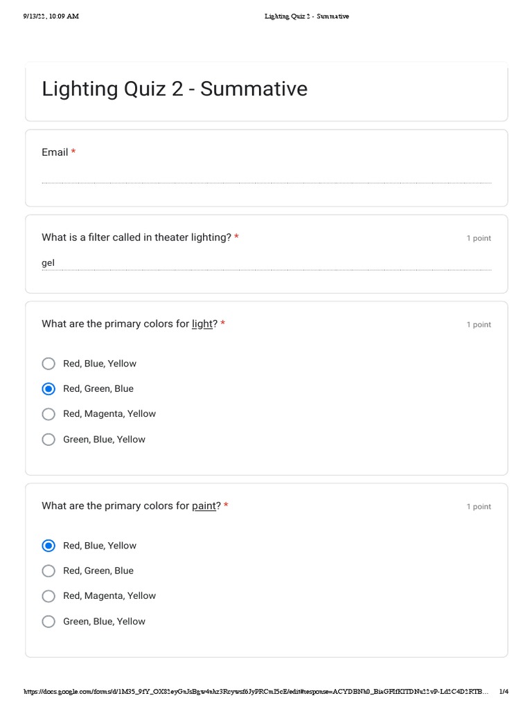 Lighting Quiz 2 Summative Google Forms PDF Color Yellow