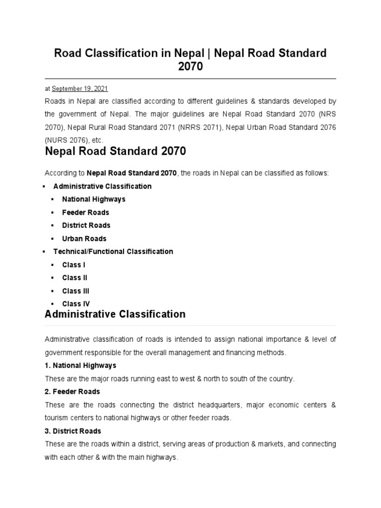 Nepal Road Classification Standards 2070 | PDF | Tunnel | Drainage